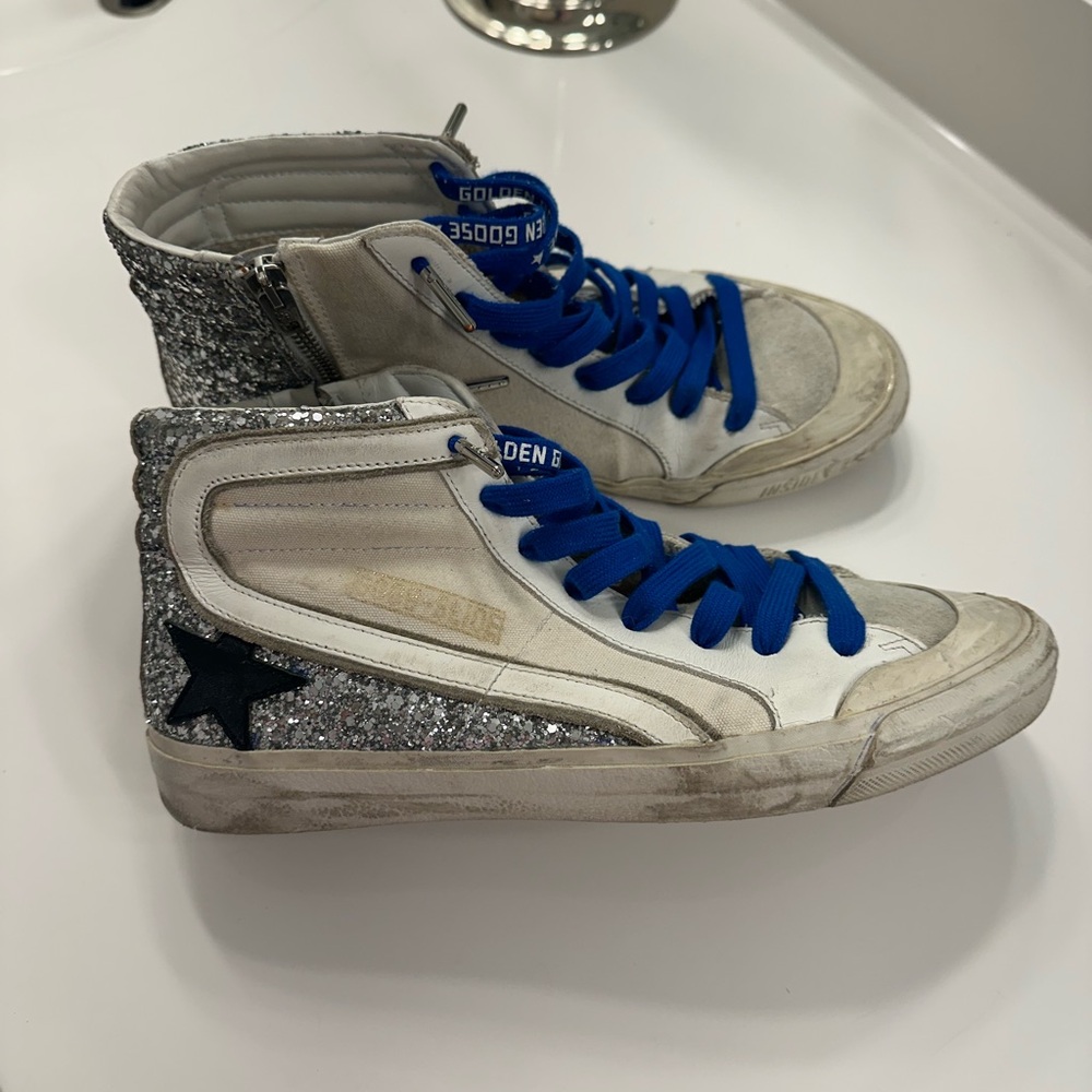 Golden Goose Silver Glitter Sneakers with Blue Laces